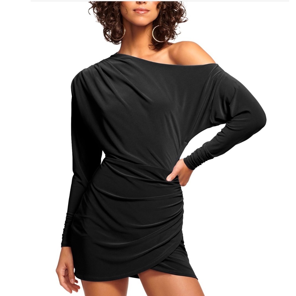 Ramy Brook Haisley Black Asymmetric One Shoulder Dolman Sleeve Ruched Dress 6‎